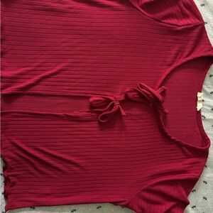 Elegant Tie-Front Ribbed Blouse - Deep Red